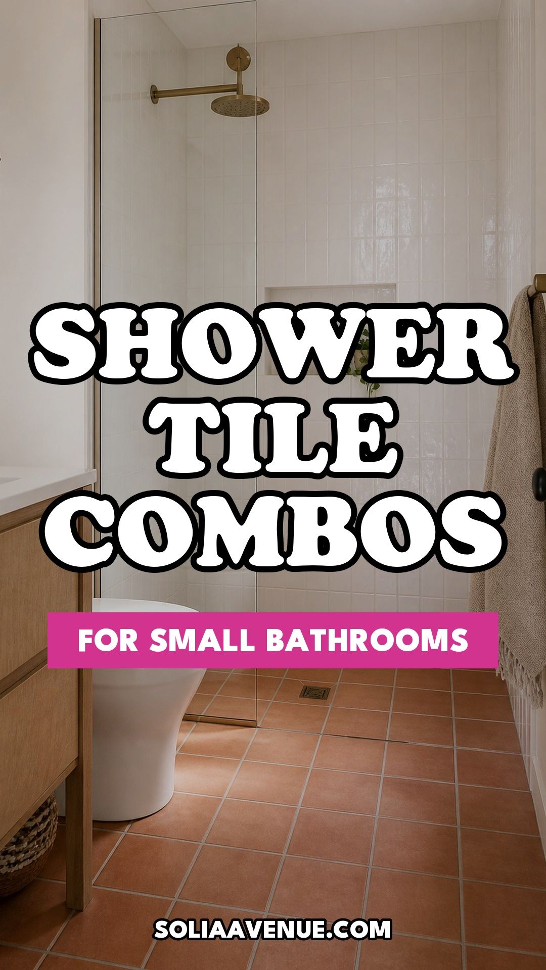 Pinterest pin for Top 17 Shower Tile Combinations That Make a Small Bathroom Feel Bigger from Solia Avenue.