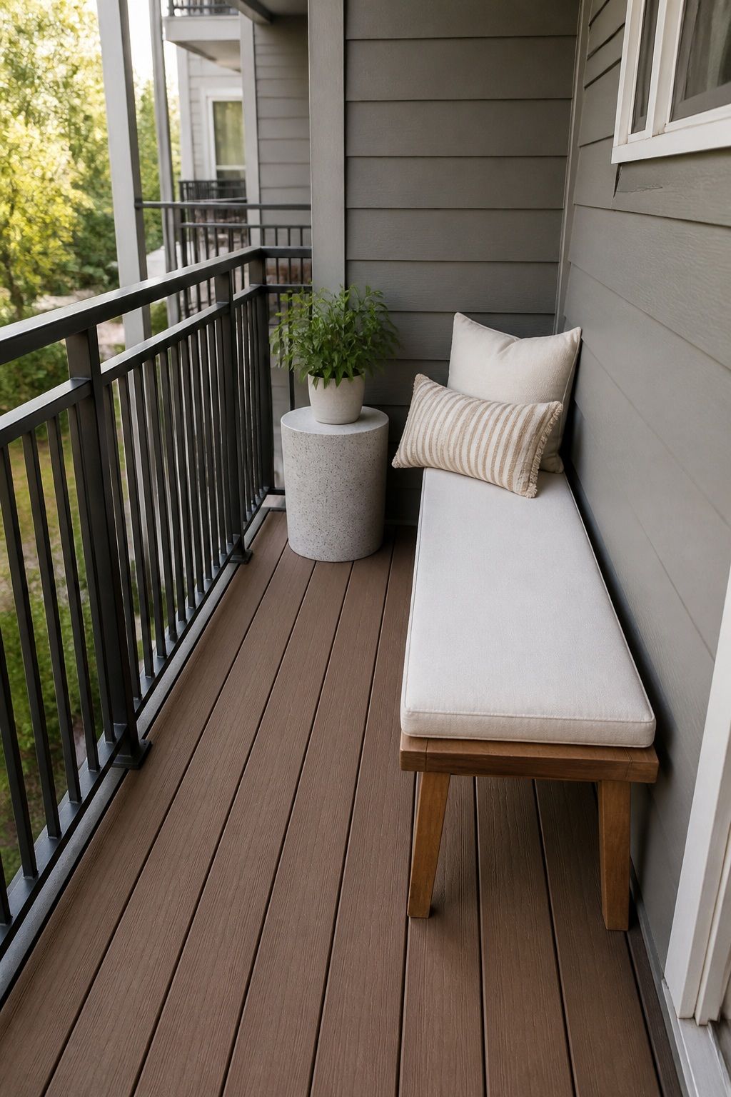 Use a Bench Along the Longest Wall small apartment idea for Top 16 Small Deck Furniture Layout Ideas That Actually Work.