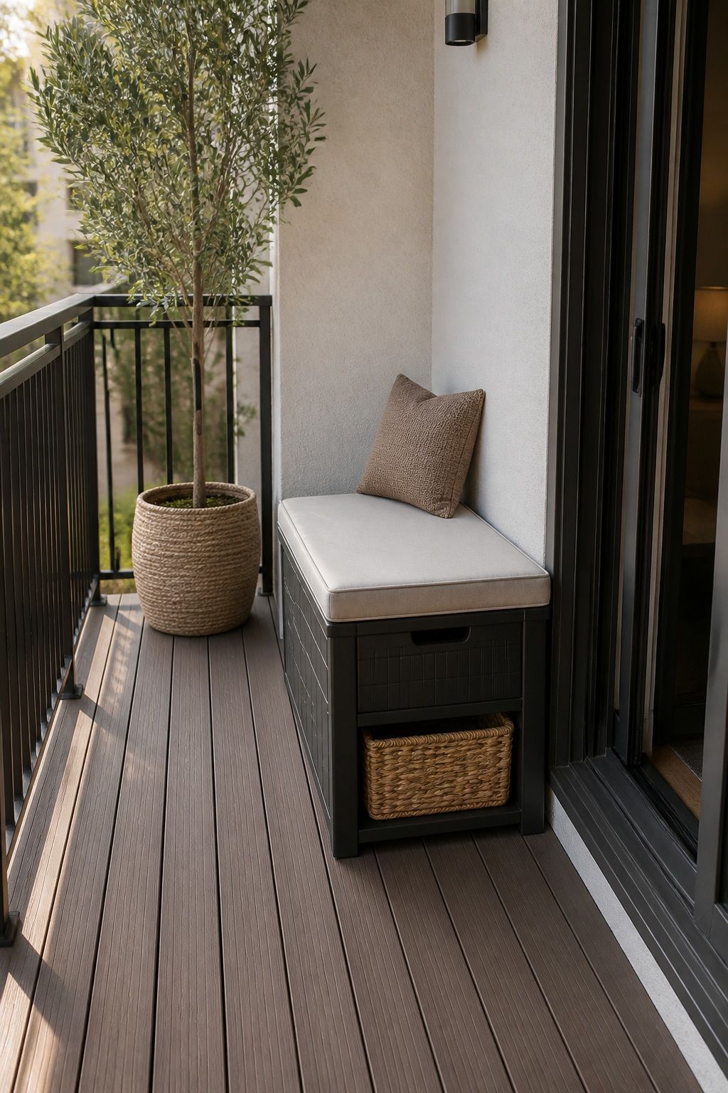Place a Storage Bench by the Door small apartment idea for Top 16 Small Deck Furniture Layout Ideas That Actually Work.