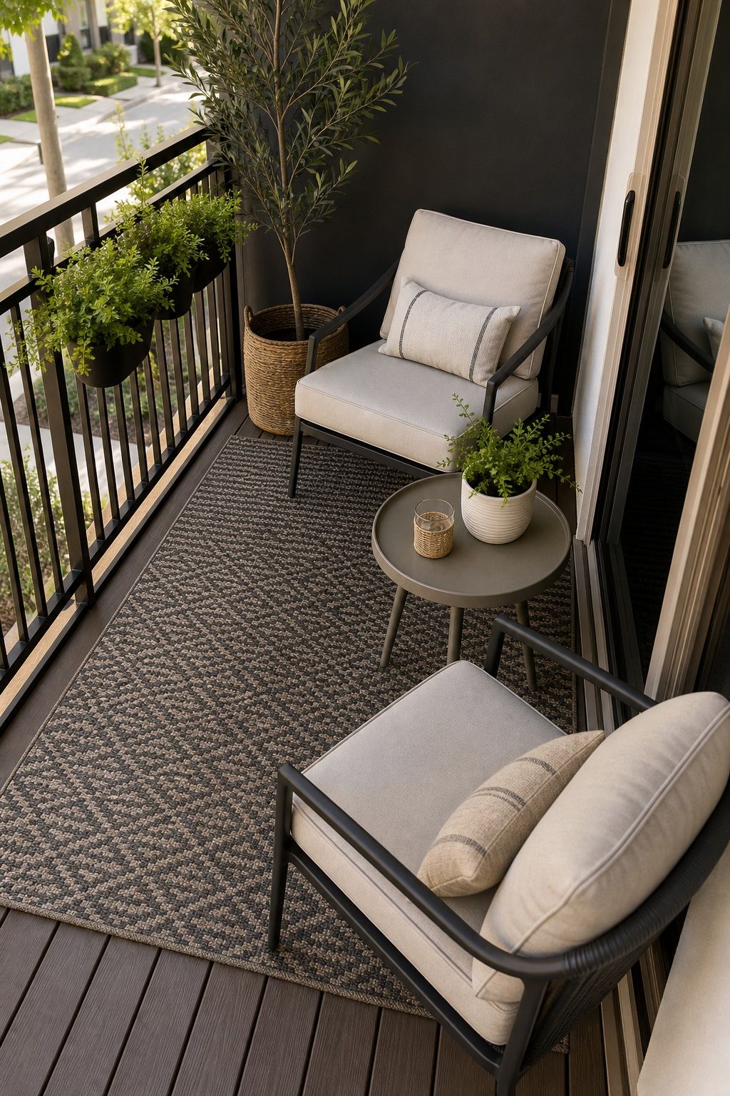 Set Furniture on an Outdoor Rug small apartment idea for Top 16 Small Deck Furniture Layout Ideas That Actually Work.
