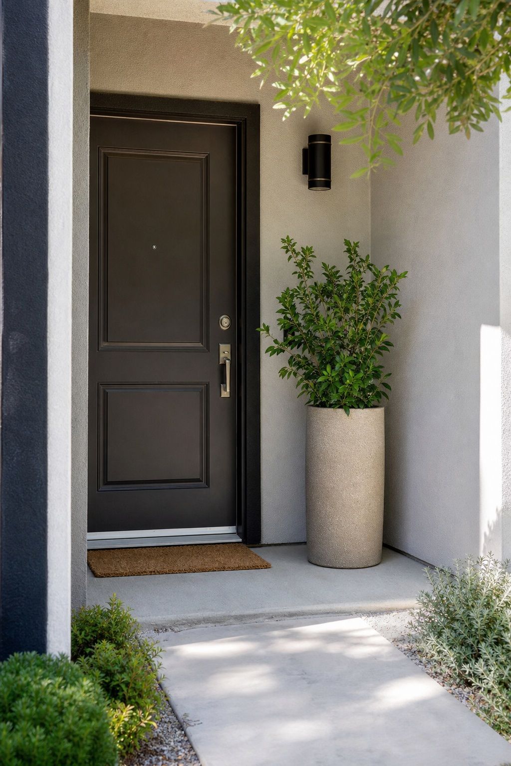 Use One Tall Planter Beside the Door small apartment idea for Top 16 Small Front Porch Ideas to Transform Your Entrance.