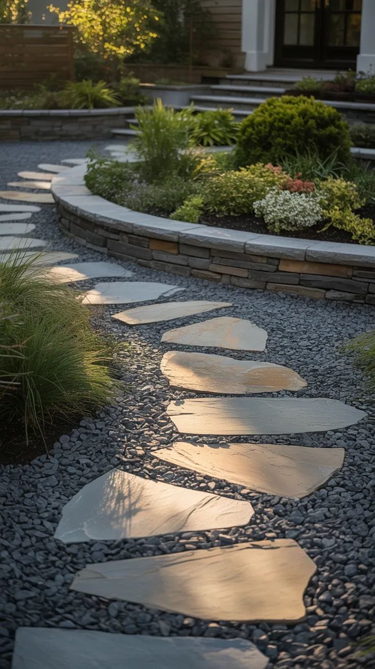 simple front yard hardscaping ideas - natural stone stepping path through gravel with raised garden border