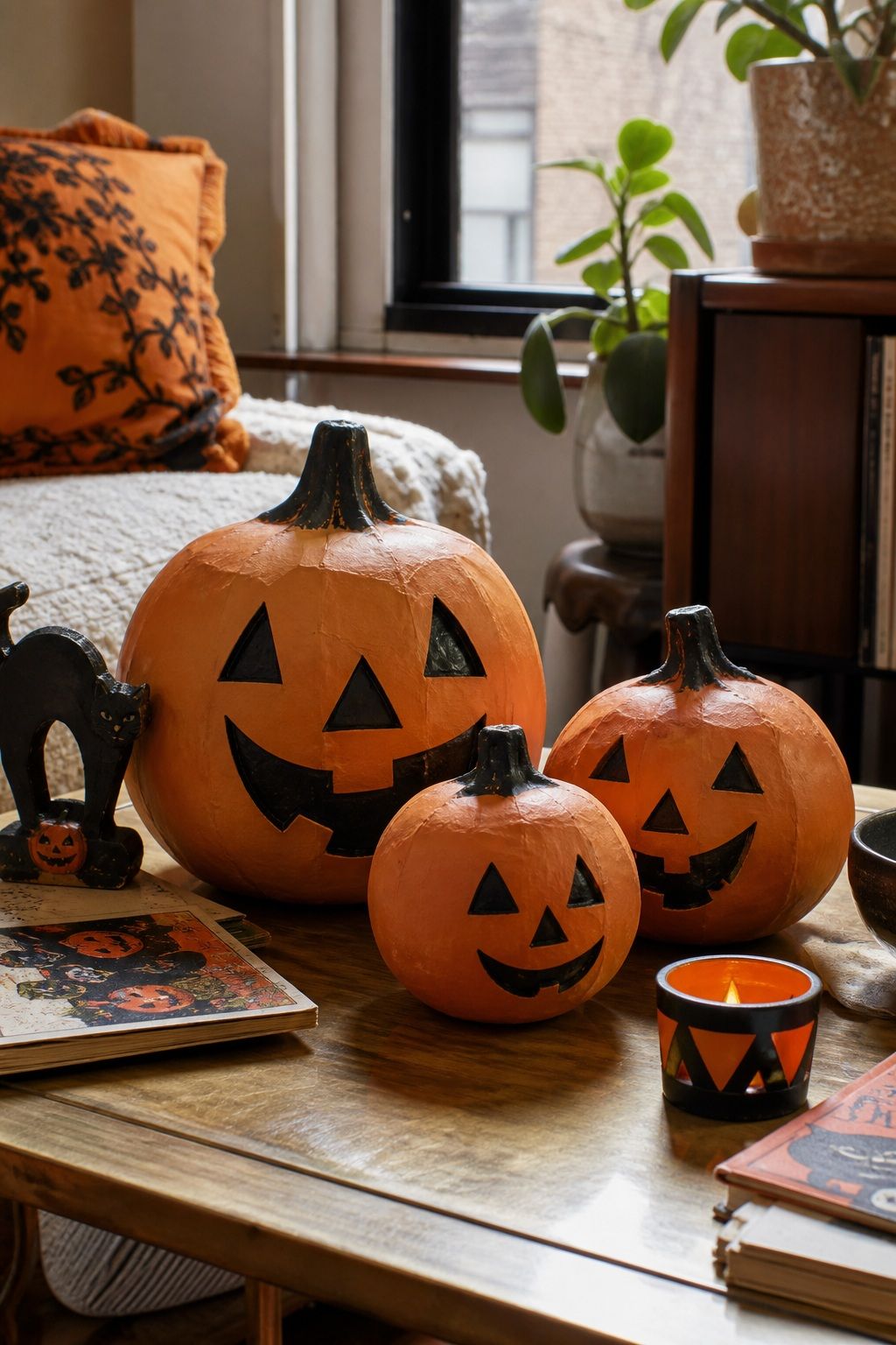 Add Paper Mache Pumpkins small apartment idea for Top 18 Retro 60s Halloween Decor Ideas for Small Apartments.