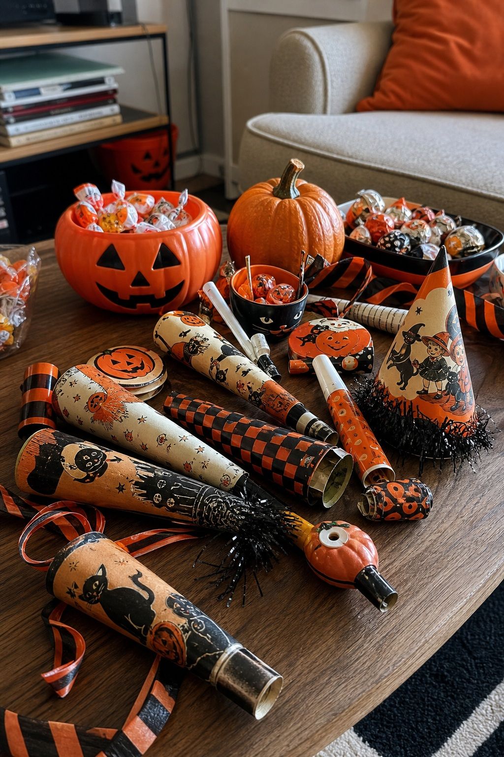 Add Vintage Noisemakers and Party Favors small apartment idea for Top 18 Retro 60s Halloween Decor Ideas for Small Apartments.