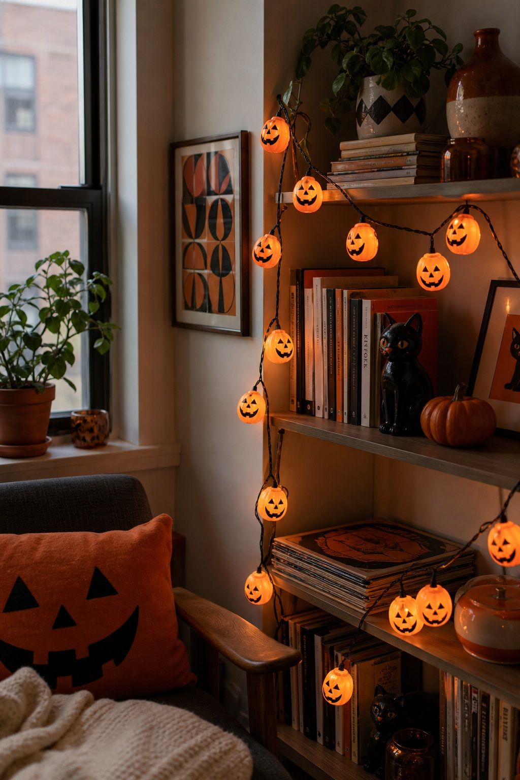 Add Glowing Jack-o'-Lantern Lights small apartment idea for Top 18 Retro 60s Halloween Decor Ideas for Small Apartments.