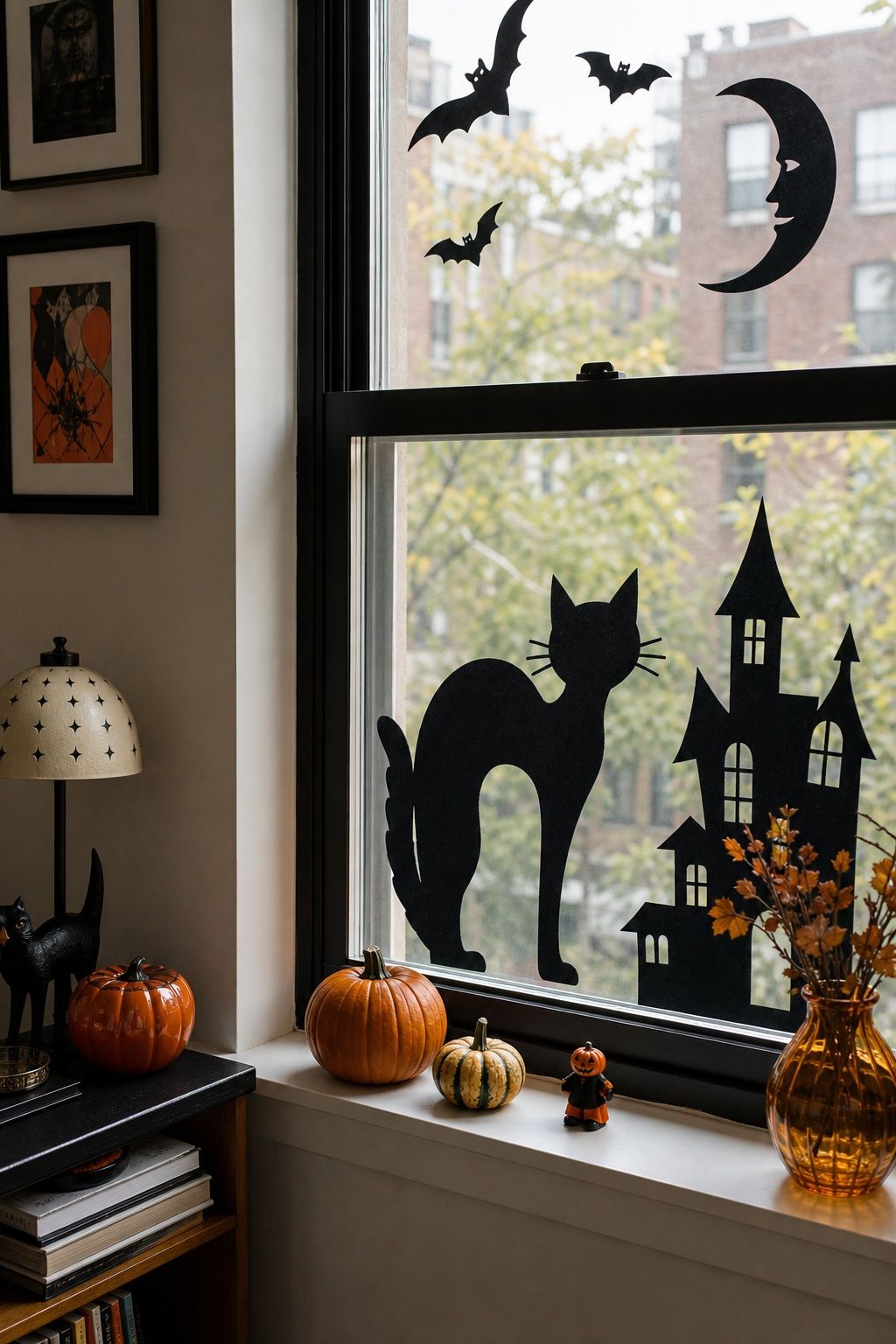 Use Vintage-Style Window Silhouettes small apartment idea for Top 18 Retro 60s Halloween Decor Ideas for Small Apartments.