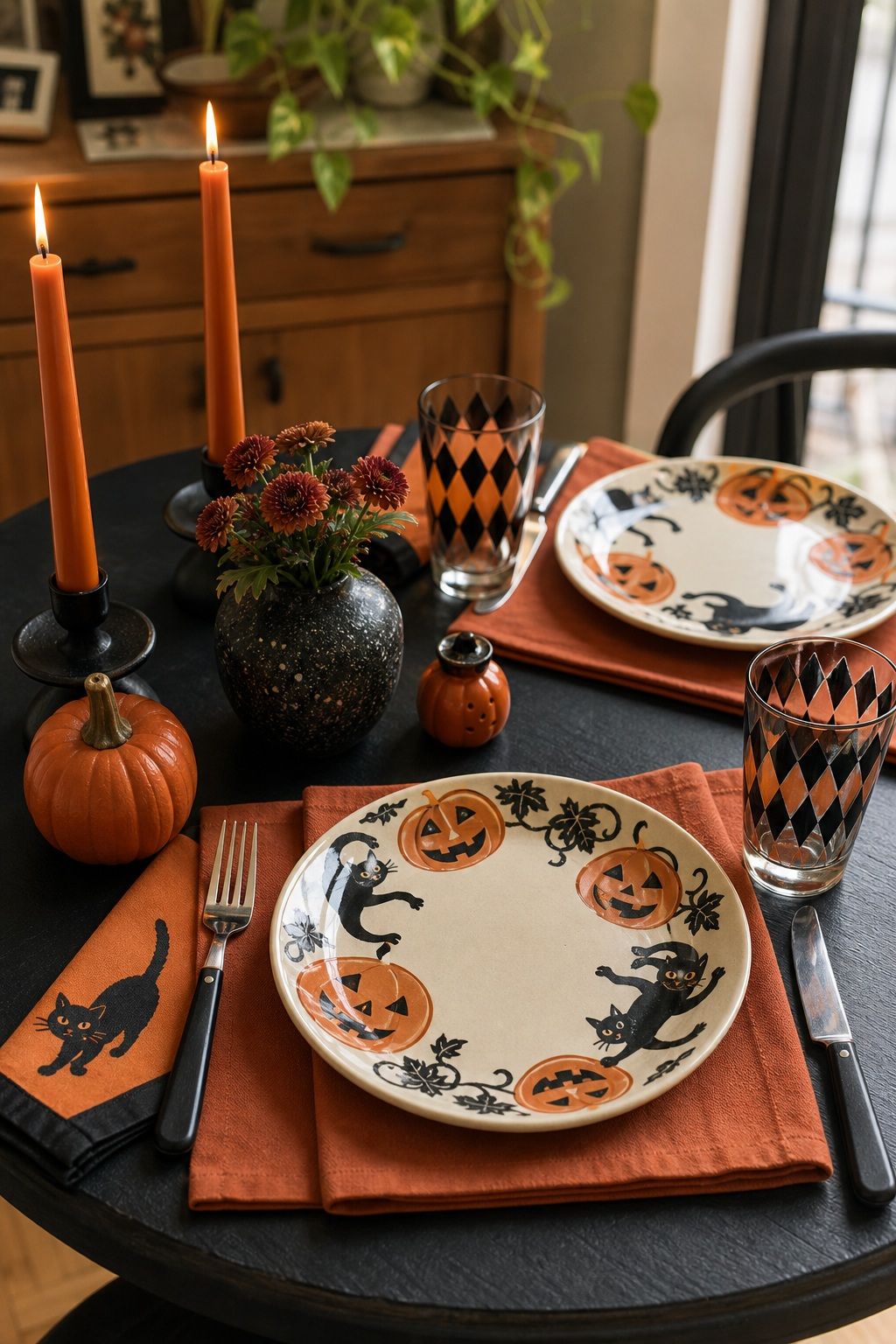 Add Retro Halloween Tableware small apartment idea for Top 18 Retro 60s Halloween Decor Ideas for Small Apartments.
