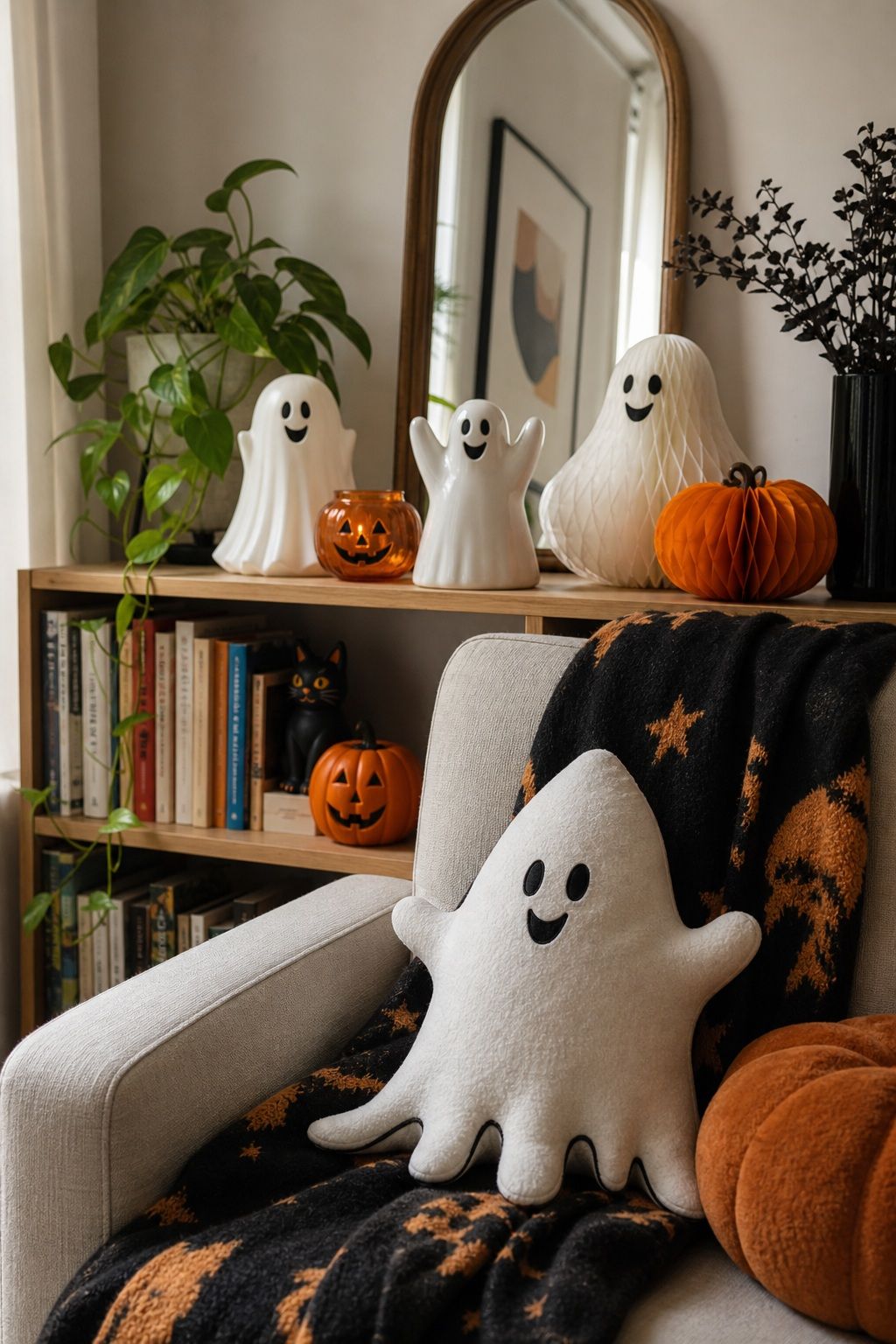 Add Cheerful Ghost Decorations small apartment idea for Top 18 Retro 60s Halloween Decor Ideas for Small Apartments.