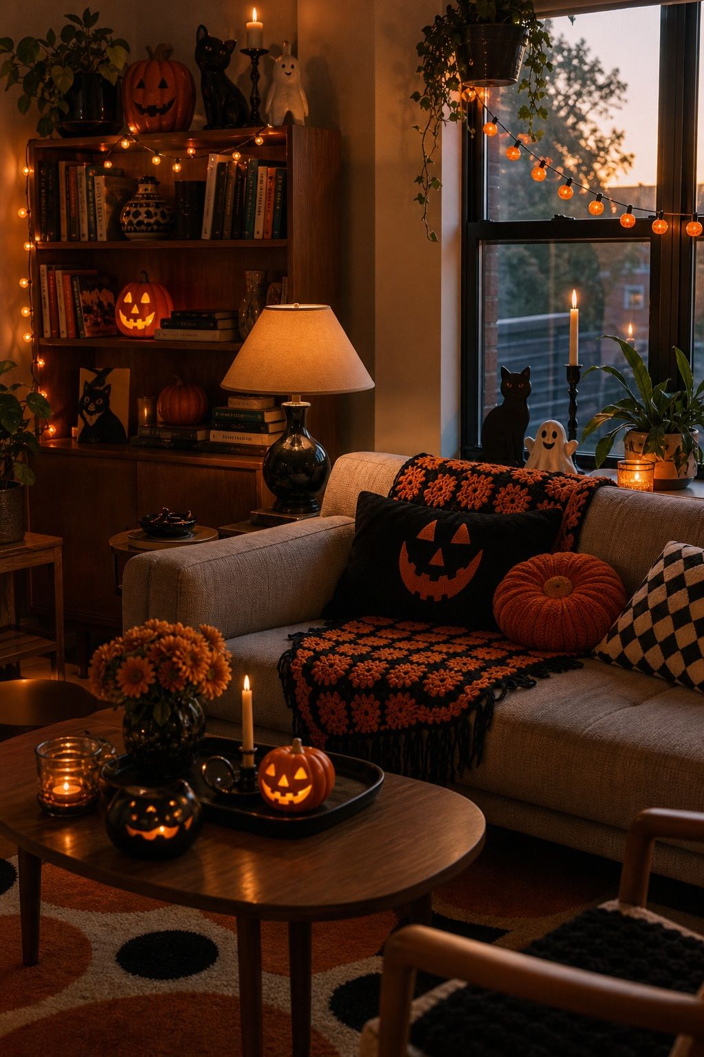 Use Warm, Cozy Lighting small apartment idea for Top 18 Retro 60s Halloween Decor Ideas for Small Apartments.