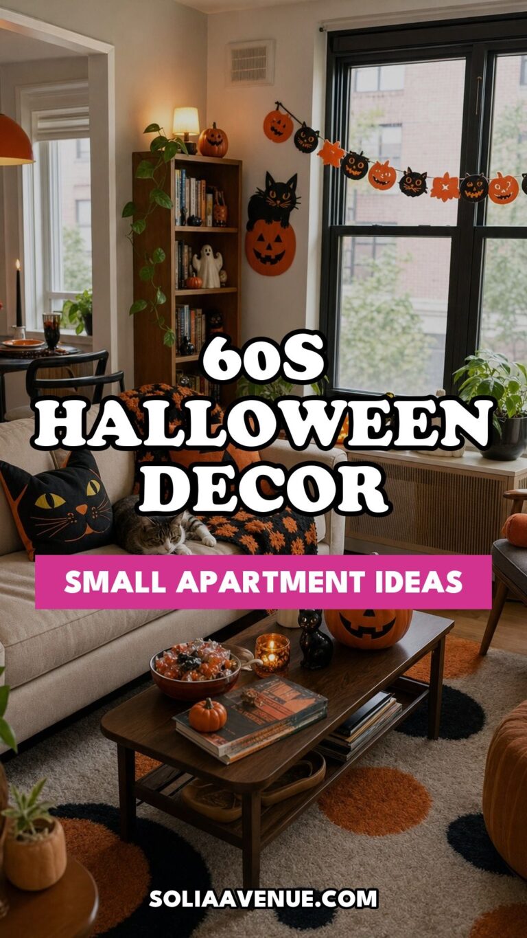 Pinterest pin for Top 18 Retro 60s Halloween Decor Ideas for Small Apartments from Solia Avenue.