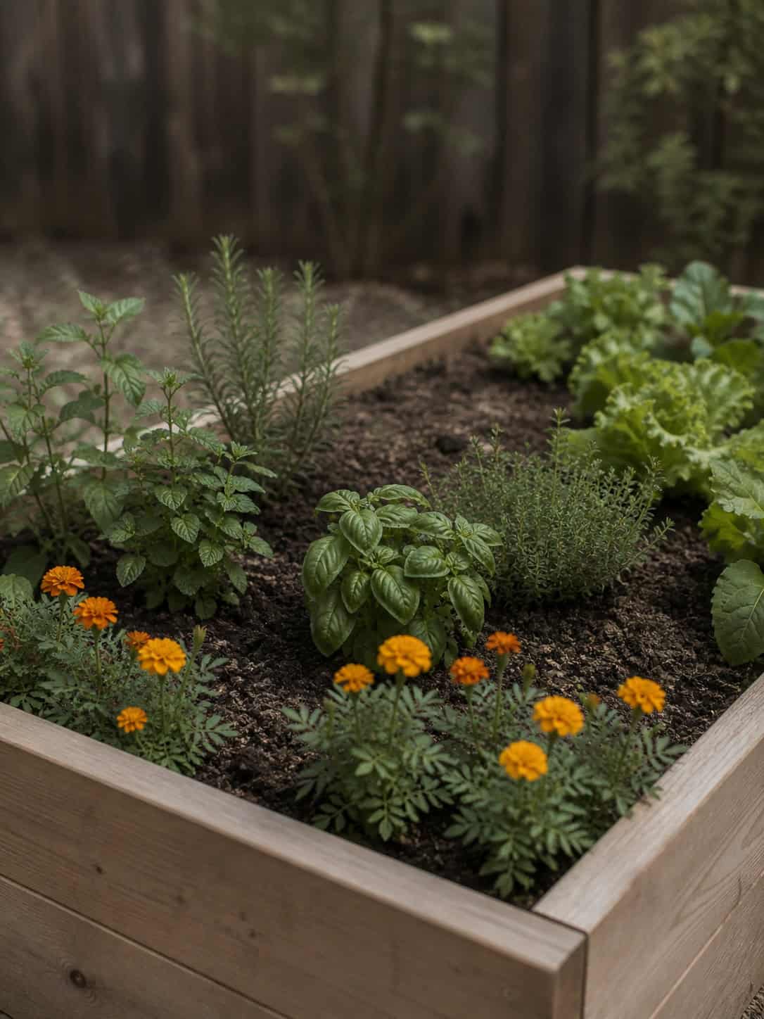 Raised garden bed with herbs and marigolds, offering raised garden bed ideas.