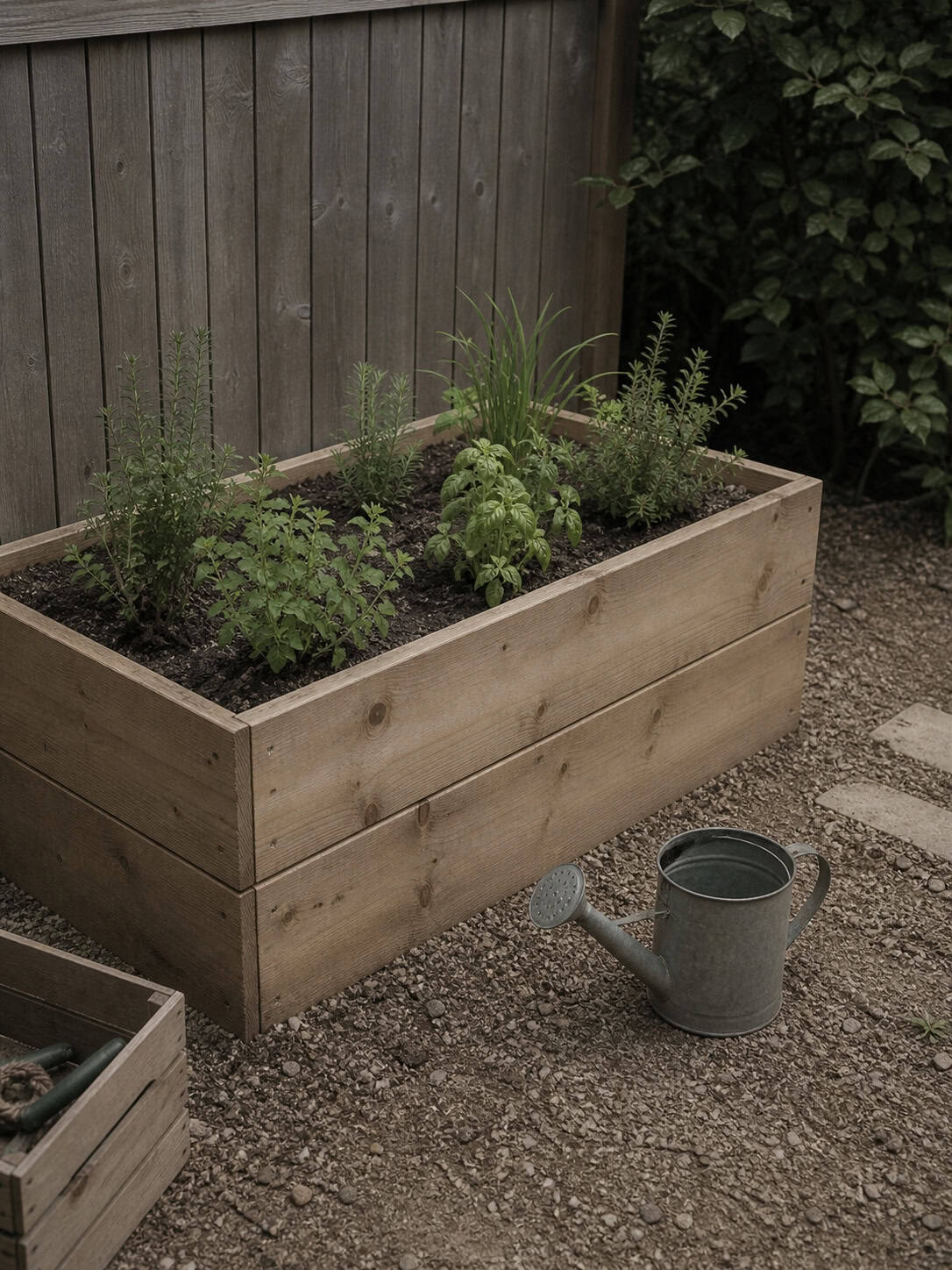 Wooden raised garden bed with herbs and a watering can, a great idea for small outdoor spaces.