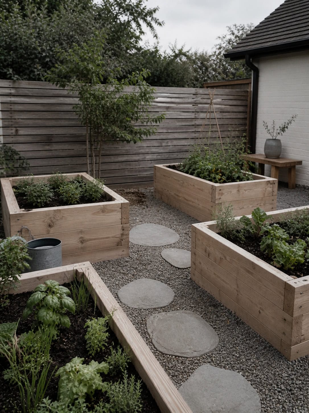 Raised garden bed ideas: wooden planters with vegetables and herbs on gravel