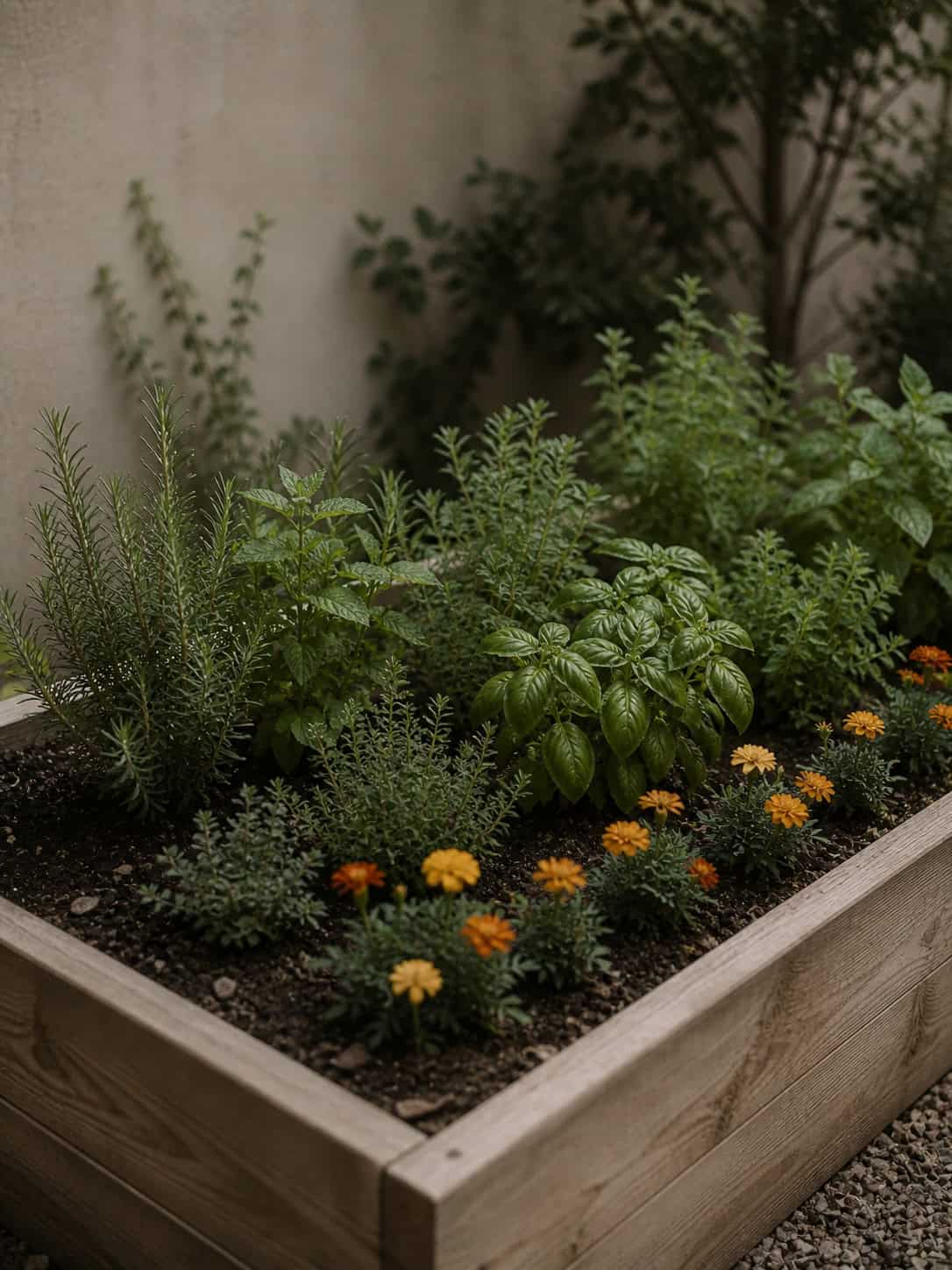 Raised garden bed with herbs and marigolds, offering raised garden bed ideas.