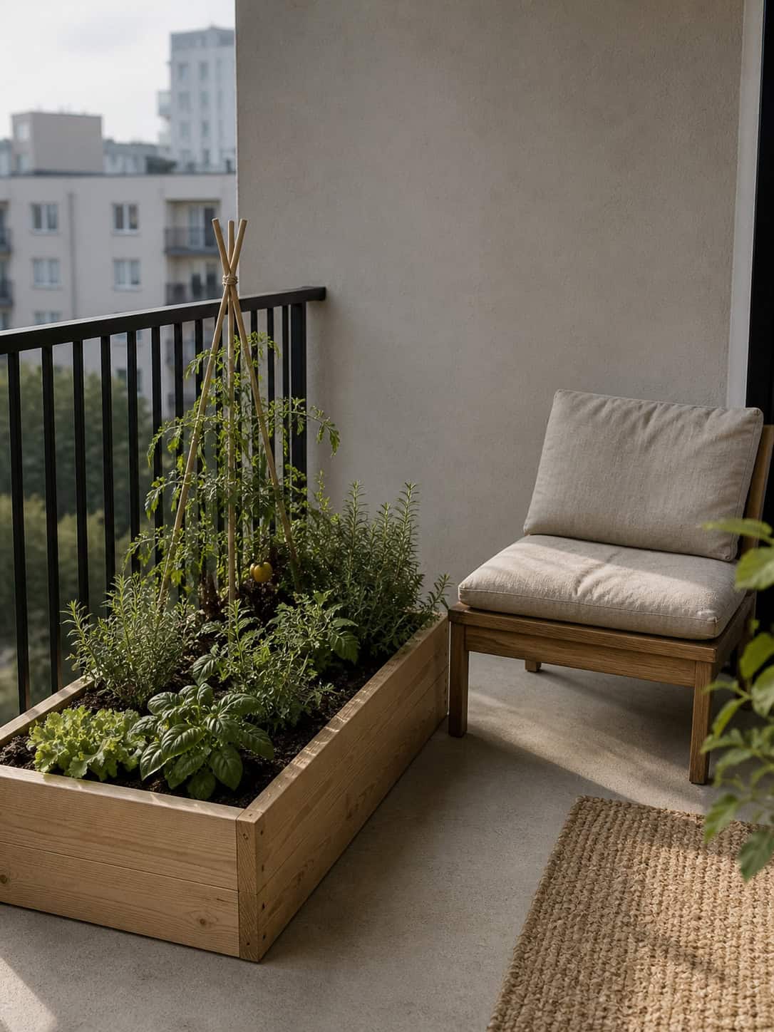 Wooden raised garden bed with herbs and tomatoes on a balcony, a raised garden bed idea.