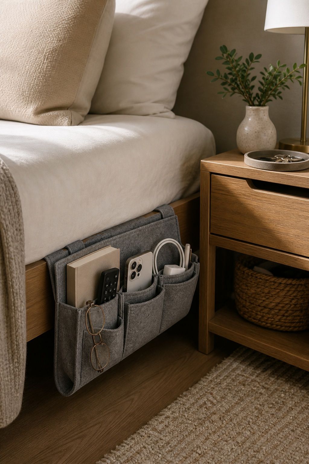 Bedside Hanging Pocket Caddy Organizer small apartment idea for 20 Home Organization Essentials From Amazon That Make Every Room Feel Calmer.