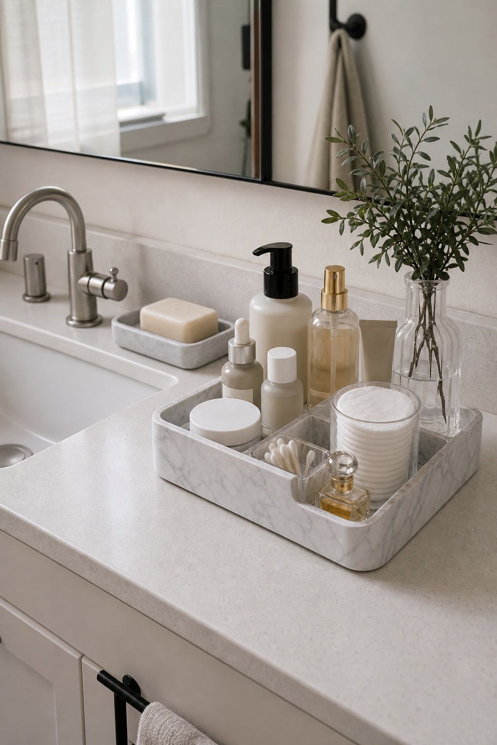 Marble-Look Bathroom Countertop Organizer small apartment idea for 20 Home Organization Essentials From Amazon That Make Every Room Feel Calmer.