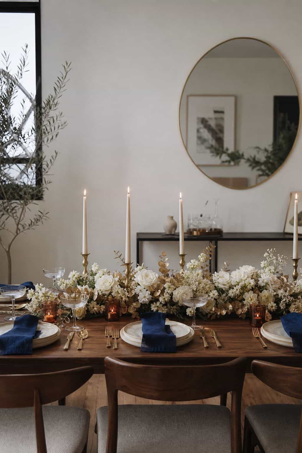 Long low metallic floral runner centerpiece on a walnut New Year table with white flowers, gold greenery, deep blue napkins, and rust votives.