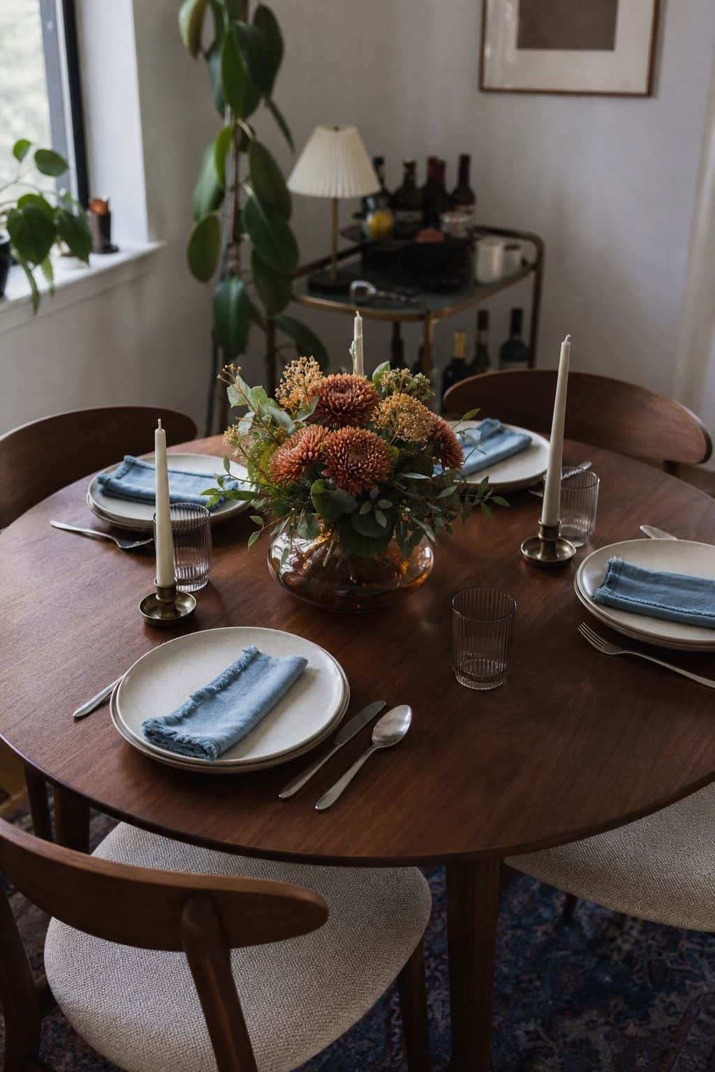 Low floral centerpiece on a round walnut Thanksgiving table with rust flowers, blue napkin, and simple cream place settings