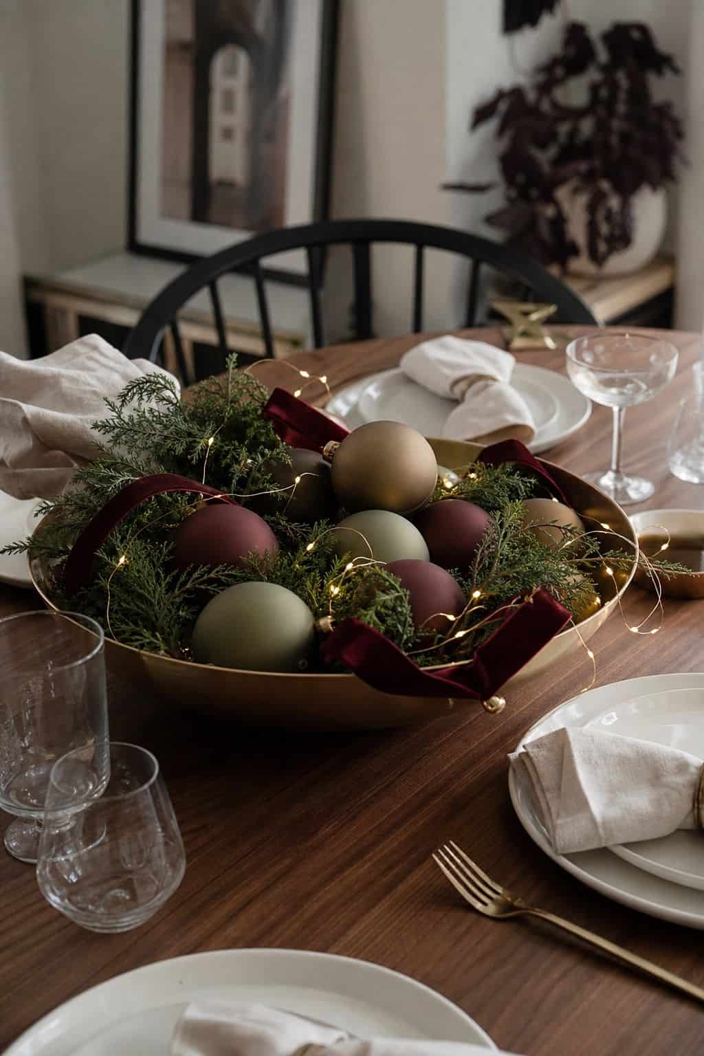 Gold bowl centerpiece filled with matte ornaments, greenery, fairy lights, burgundy ribbon, and olive accents on a walnut dining table.