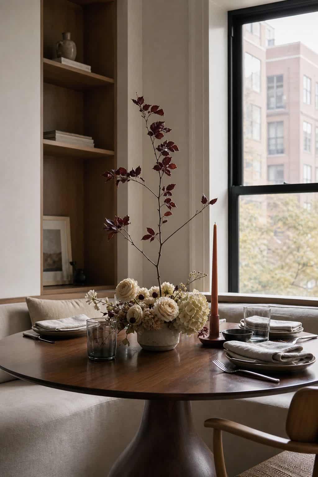 Round walnut Thanksgiving table with one tall burgundy branch rising above a low floral arrangement
