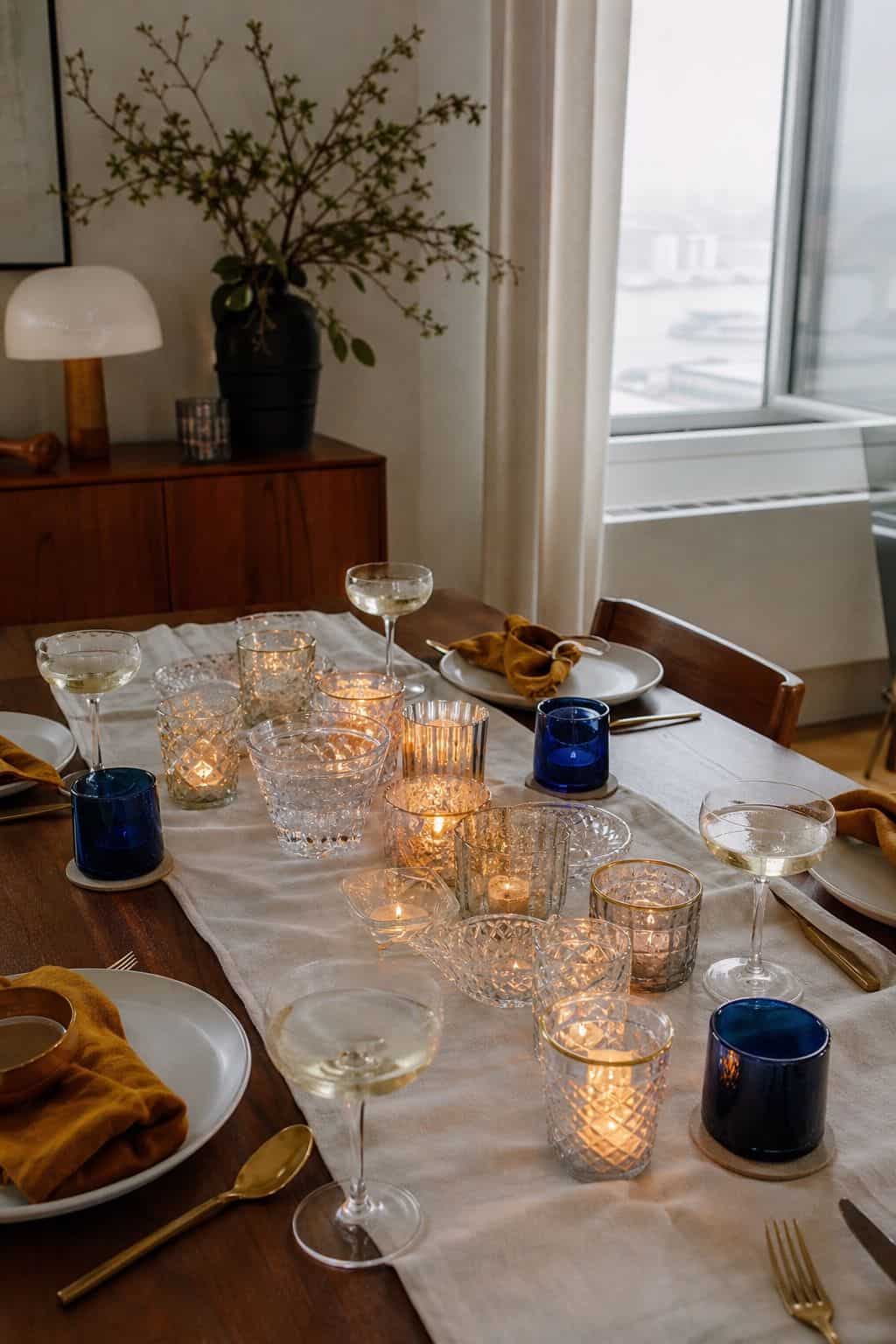 Cluster of mercury glass votives, cut crystal bowls, low candles, ochre napkins, and deep blue glassware on a walnut table.