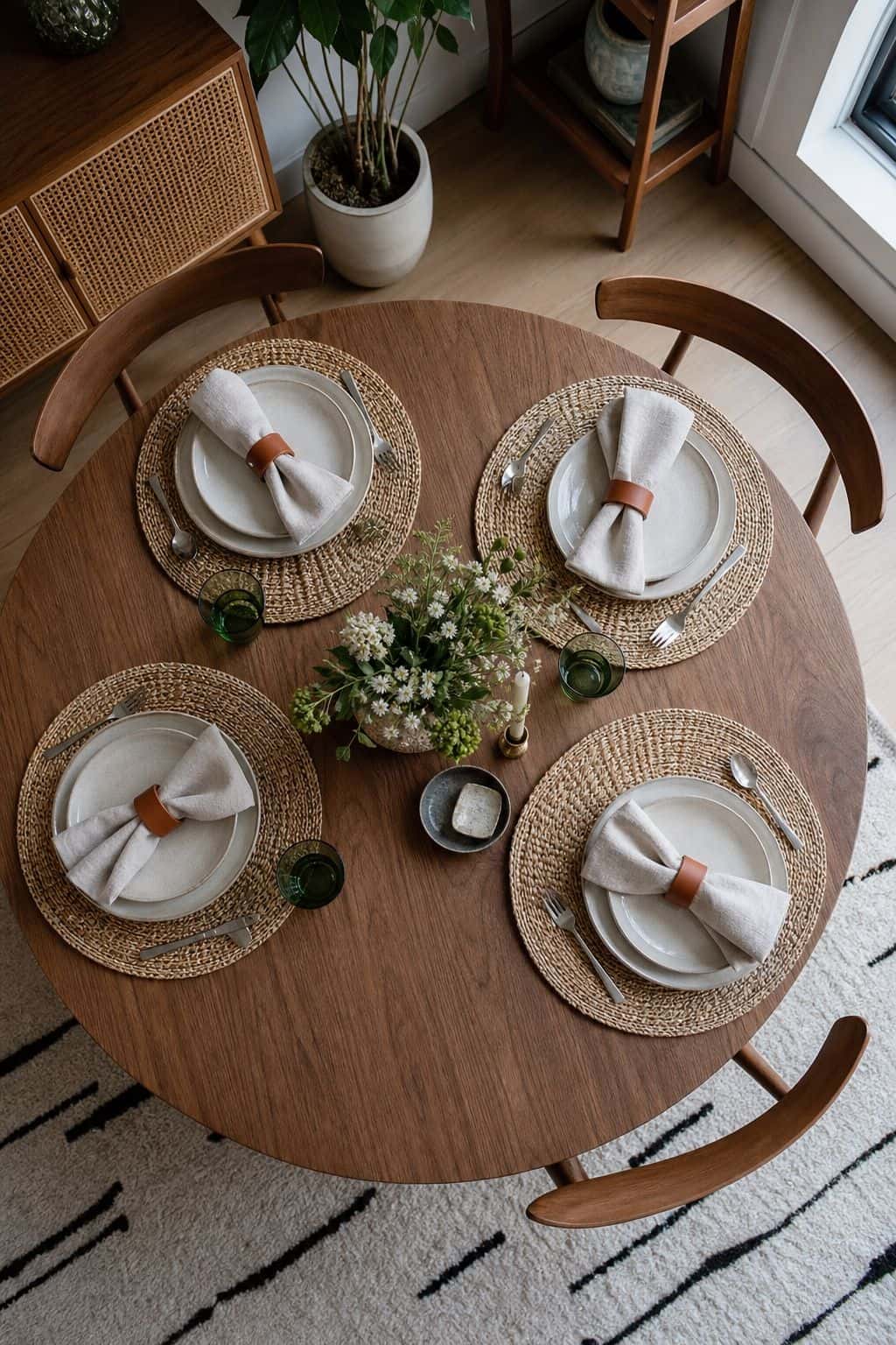 Overhead round table with woven placemats radiating around cream plates and terracotta napkin rings