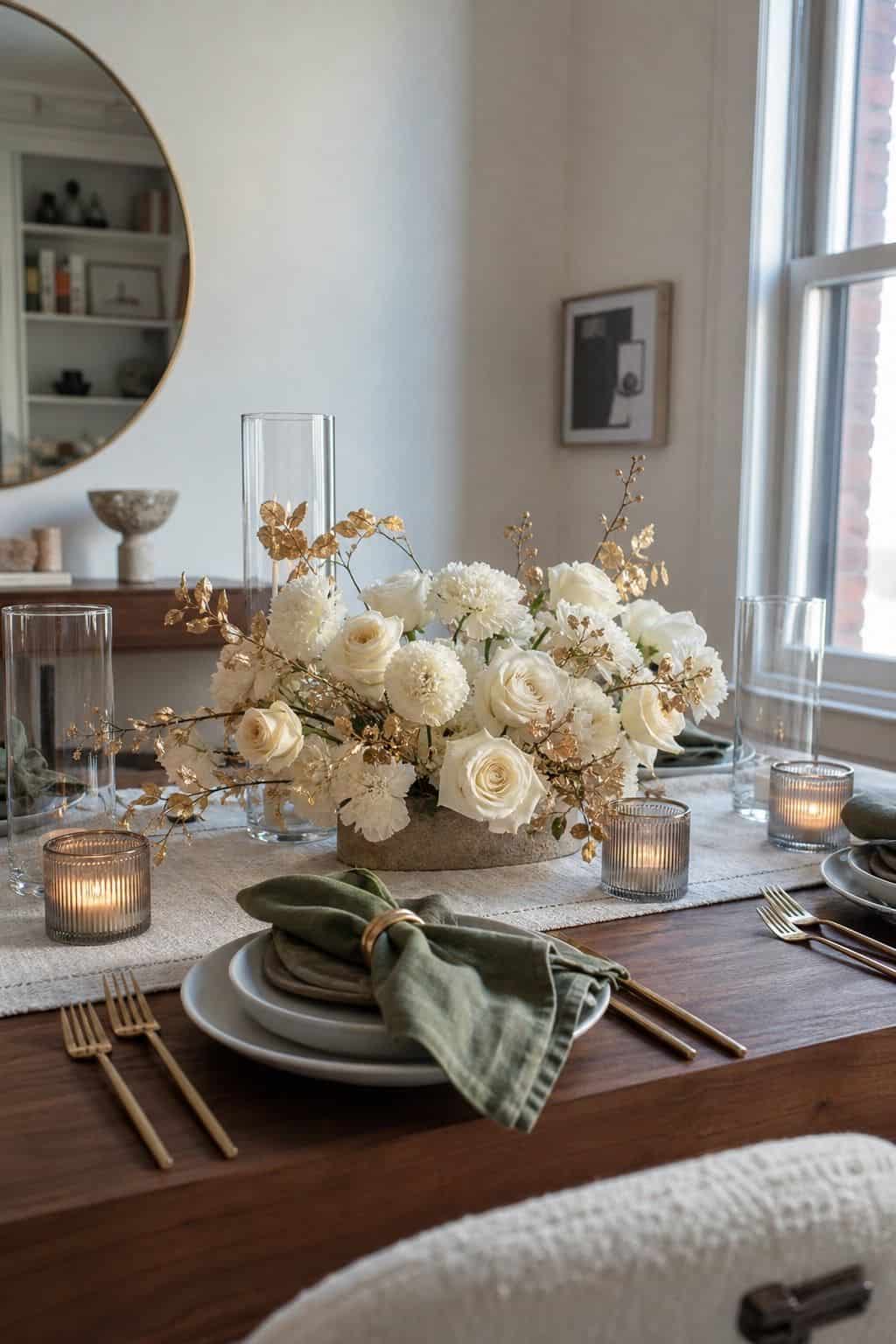 Low white floral centerpiece with gold foil accents, brass flatware, muted green napkins, and cream linen runner.