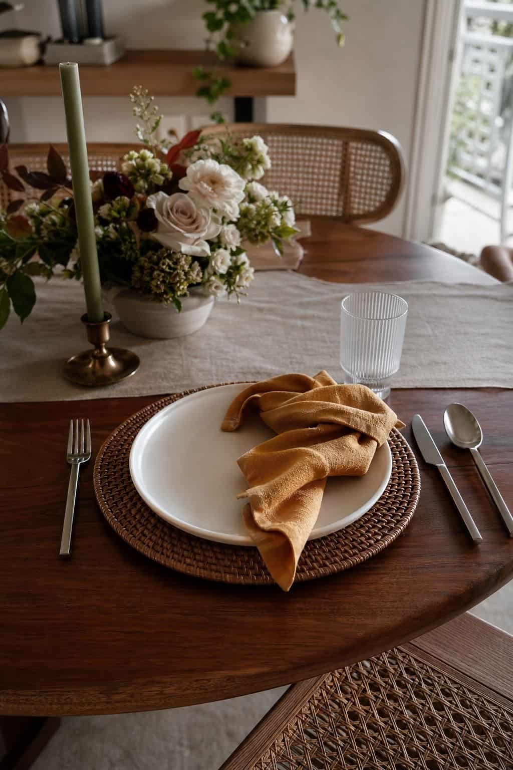 Thanksgiving place setting with a rattan charger, cream plate, ochre napkin, and walnut table