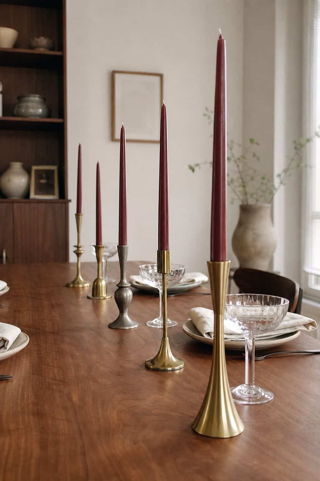 Row of burgundy taper candles in mixed metallic holders on a walnut table with coupe glasses and cream napkins.