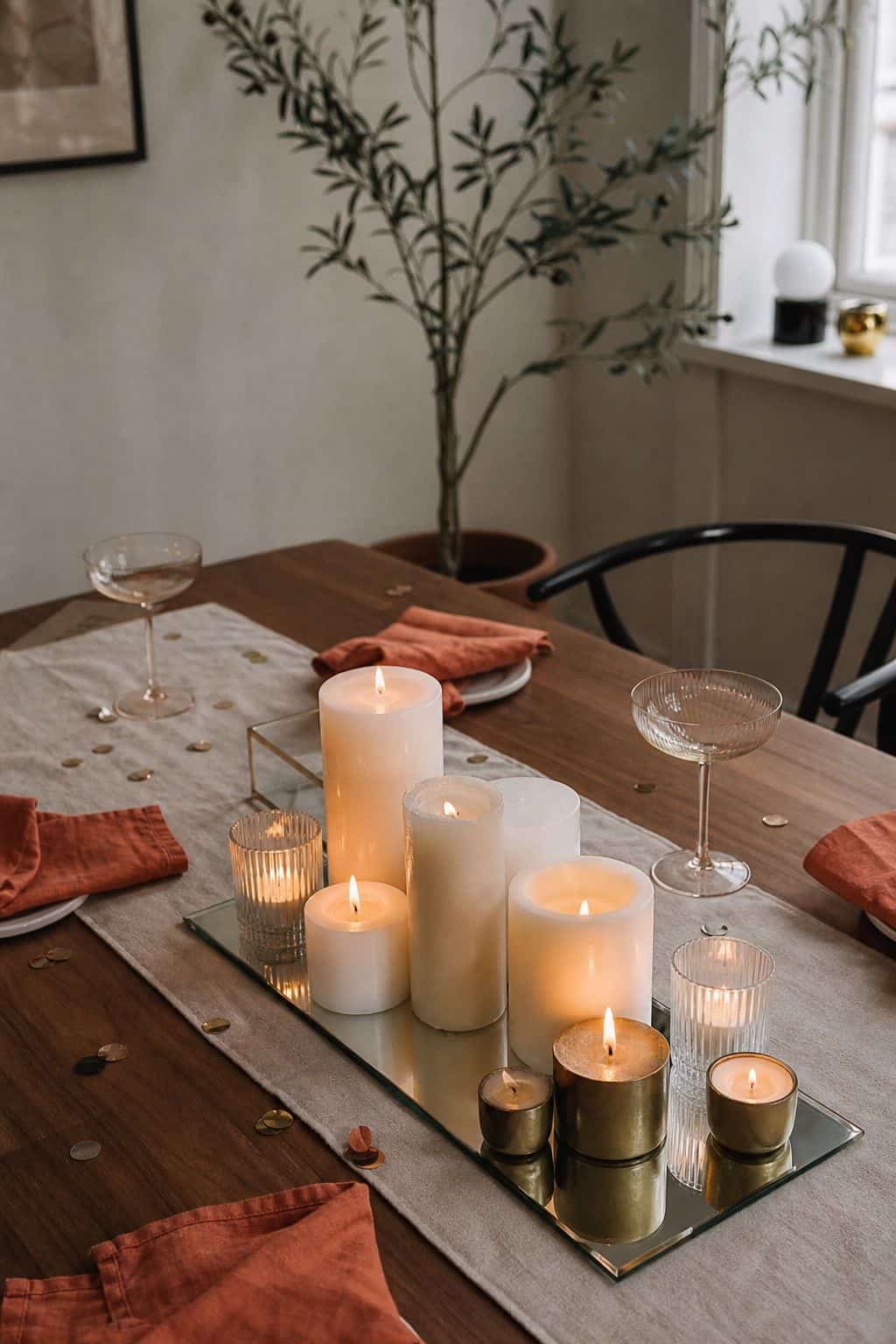 Pillar candles and votives gathered on a mirrored tray with terracotta napkins, brass candle cups, champagne coupes, and metallic confetti.