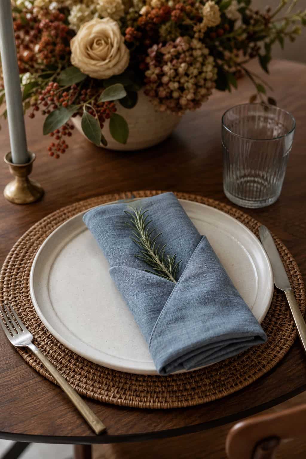 Dusty blue linen napkin with rosemary sprig on cream plate and woven charger for Thanksgiving