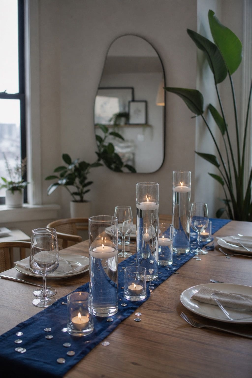 Floating candles in clear cylinder vases at varied heights with silver confetti, deep blue runner, and walnut dining table.