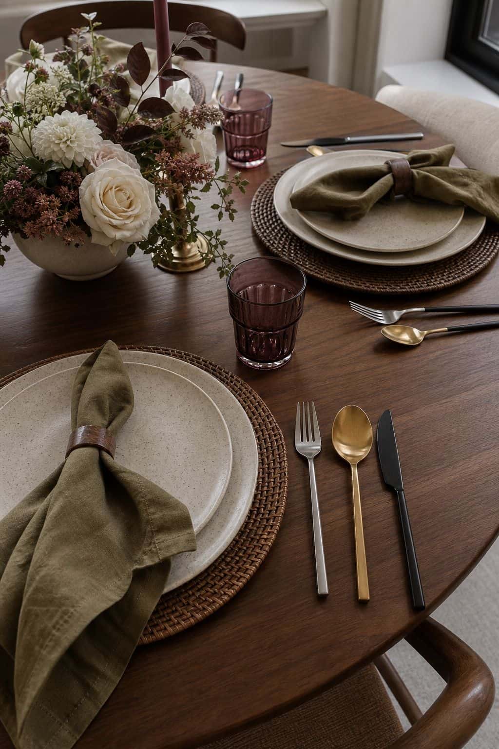 Round walnut Thanksgiving table with mixed-metal flatware, burgundy glassware, olive napkins, and cream plates