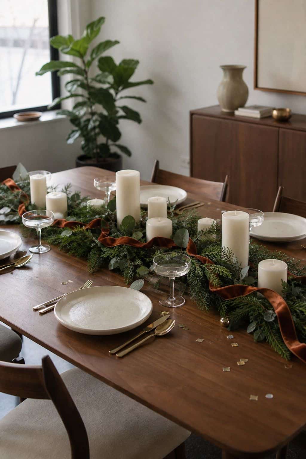 Ivory pillar candles nestled in greenery with metallic confetti, rust velvet ribbon, brass flatware, and cream place settings.