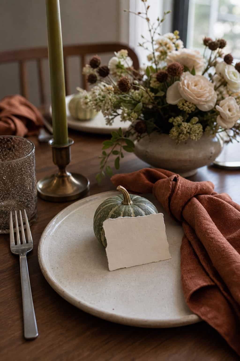 Blank place card on a muted green mini pumpkin beside a terracotta napkin and floral centerpiece
