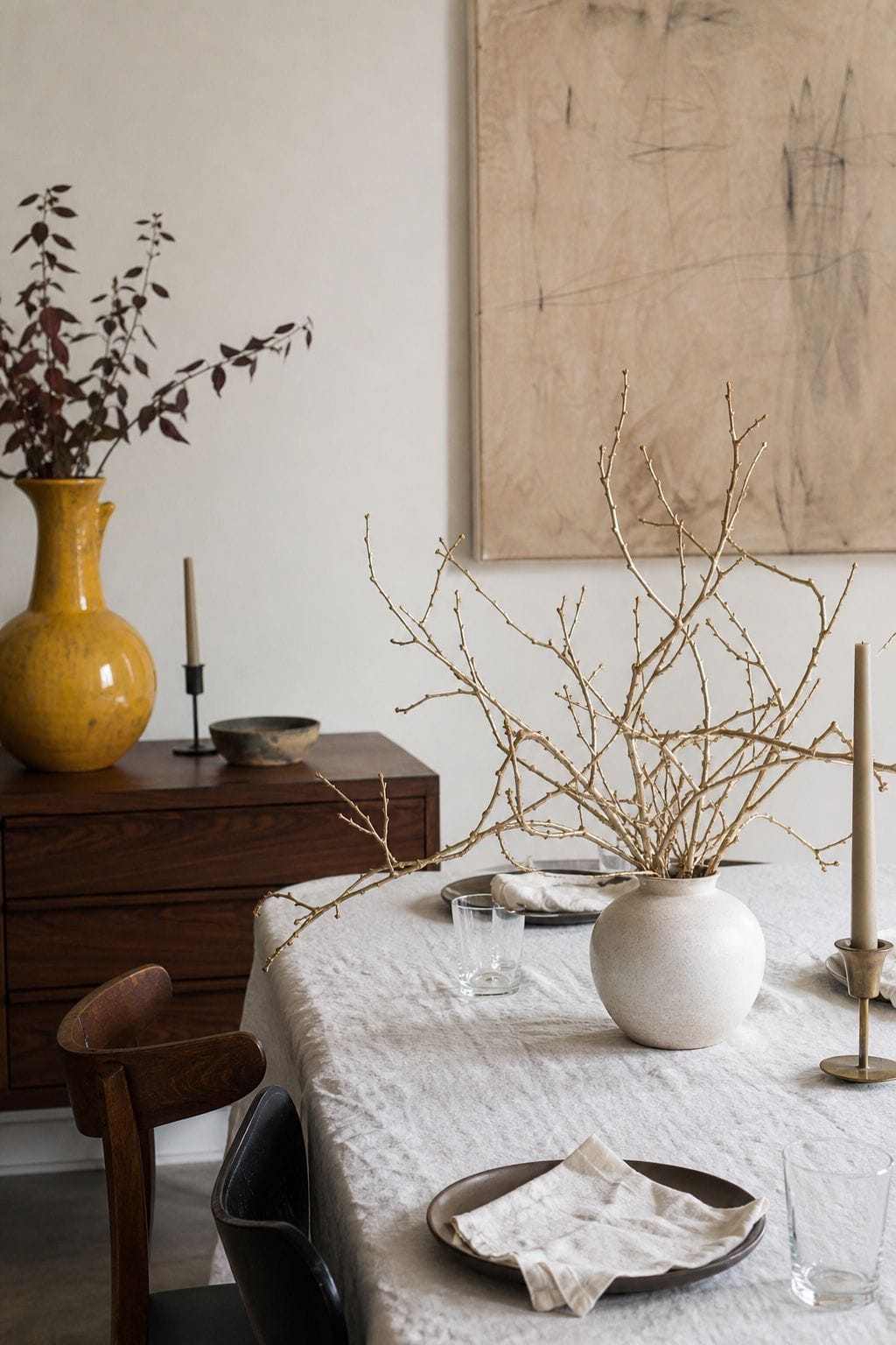 Metallic spray-painted branches arranged low in a mustard ceramic vase with walnut credenza, candleholders, and white linens.