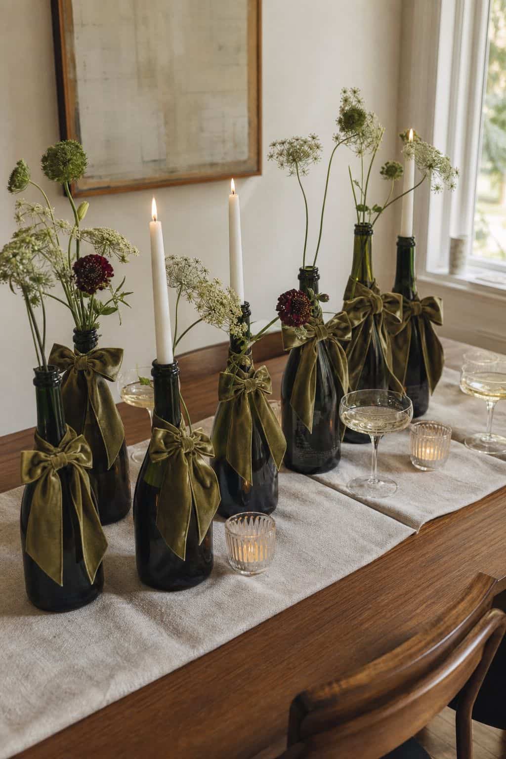 Champagne bottles repurposed as candleholders and floral stem vases with olive velvet bows, cream runner, coupes, and votives.