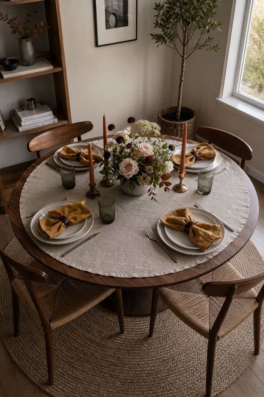 Round walnut Thanksgiving table with oatmeal circular runner, rust candles, mustard napkins, and low florals
