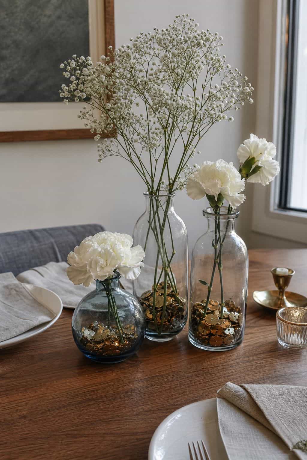 Three glass vases filled with metallic confetti and white stems, with dusty blue glass, brass candleholders, and white plates.