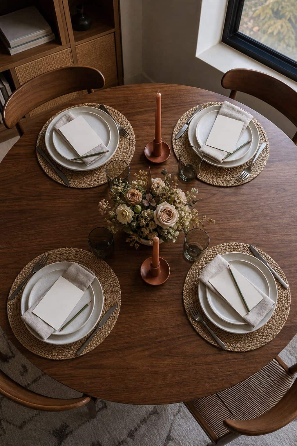 Four round table place settings with blank gratitude cards, olive pencils, and terracotta candle holders