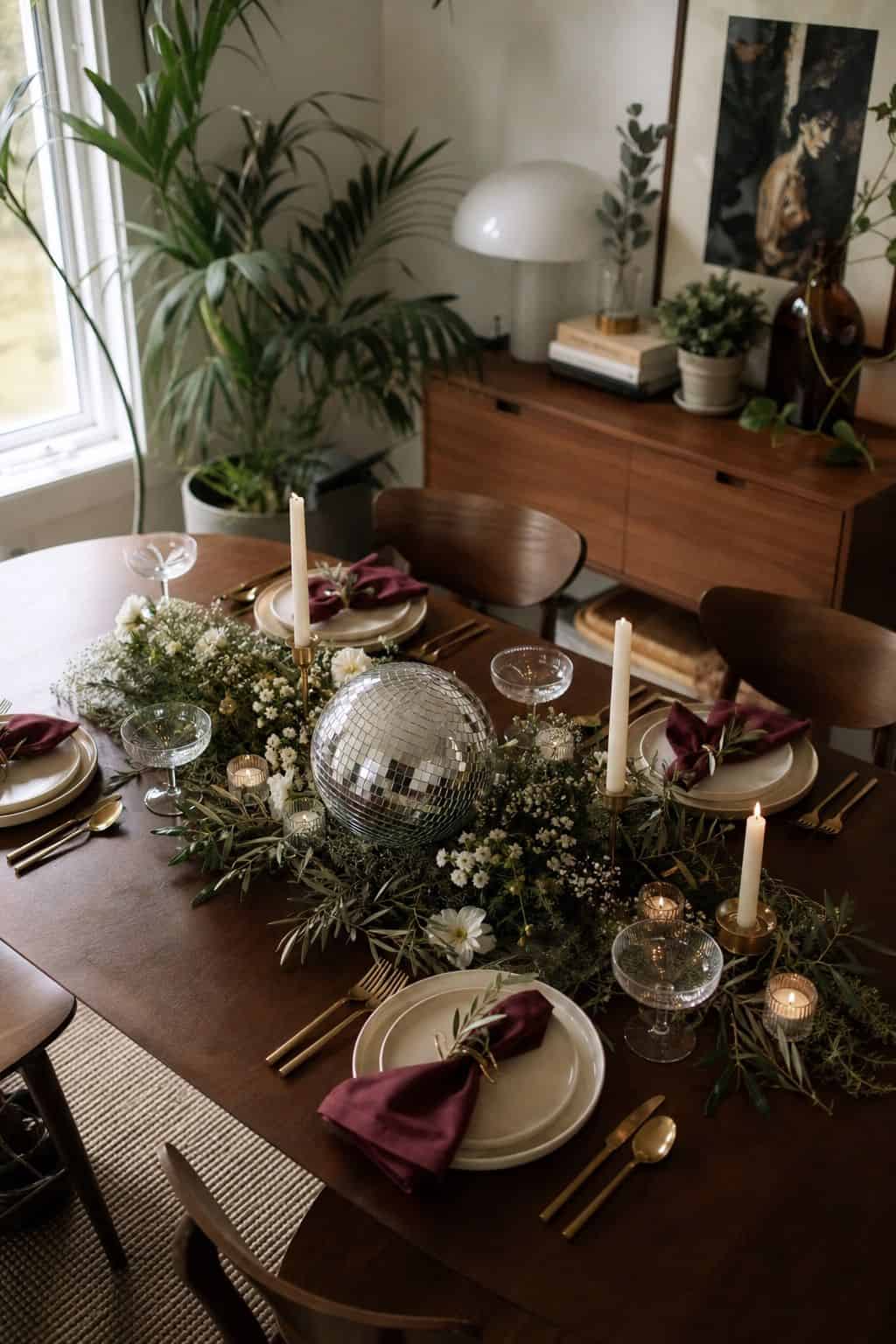 Small disco ball tucked into greenery and white flowers with burgundy napkins, olive leaves, cream candles, and clear coupes.
