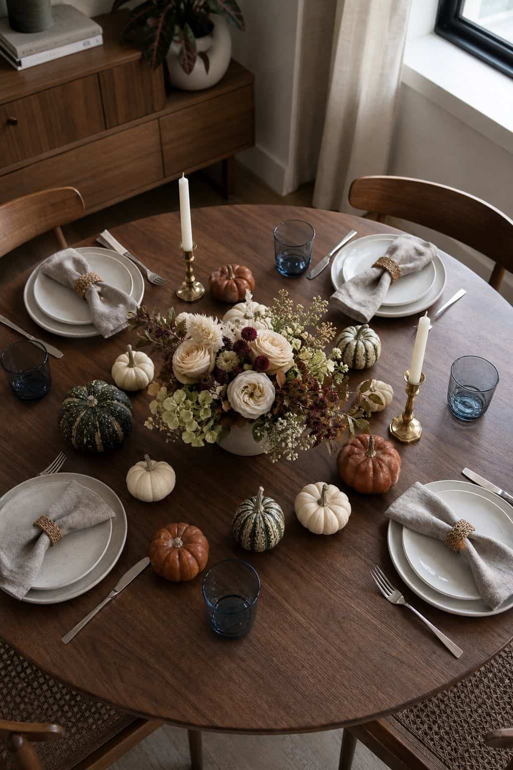Round Thanksgiving table with small cream, terracotta, and green pumpkins around a low floral centerpiece