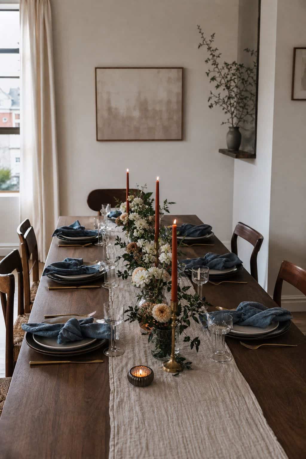 Long rectangular walnut table with horizontal runner centerpiece, repeating low florals, candles, greenery, rust tapers, and dusty blue napkins.