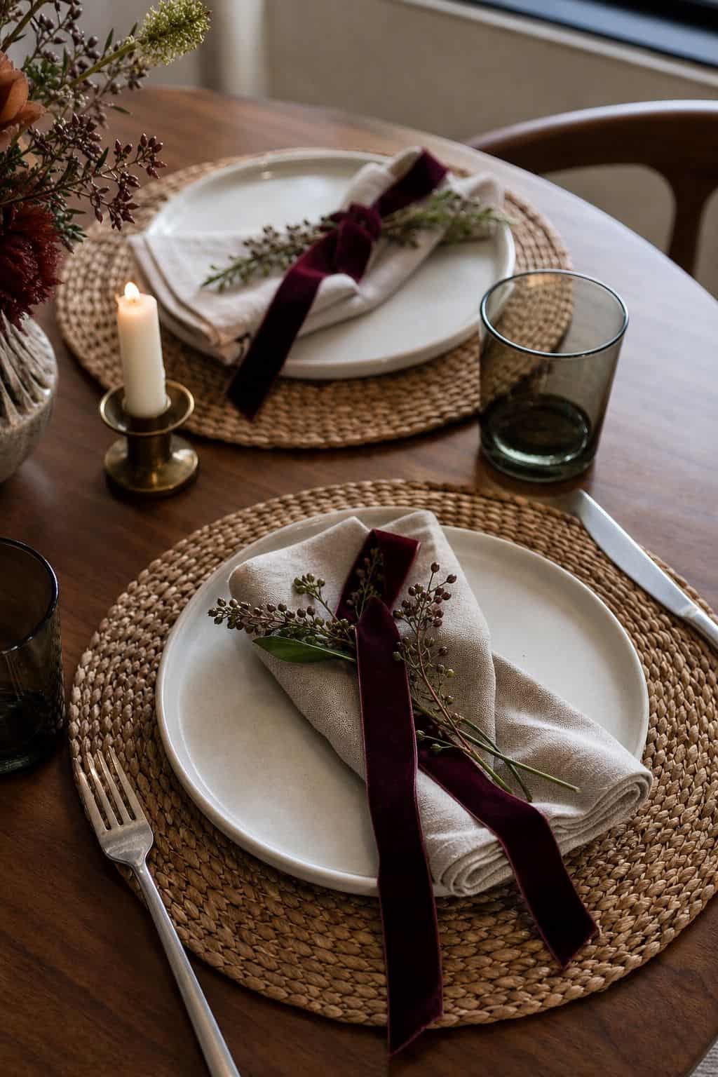 Thanksgiving place settings with burgundy velvet ribbon draped across folded napkins and woven chargers