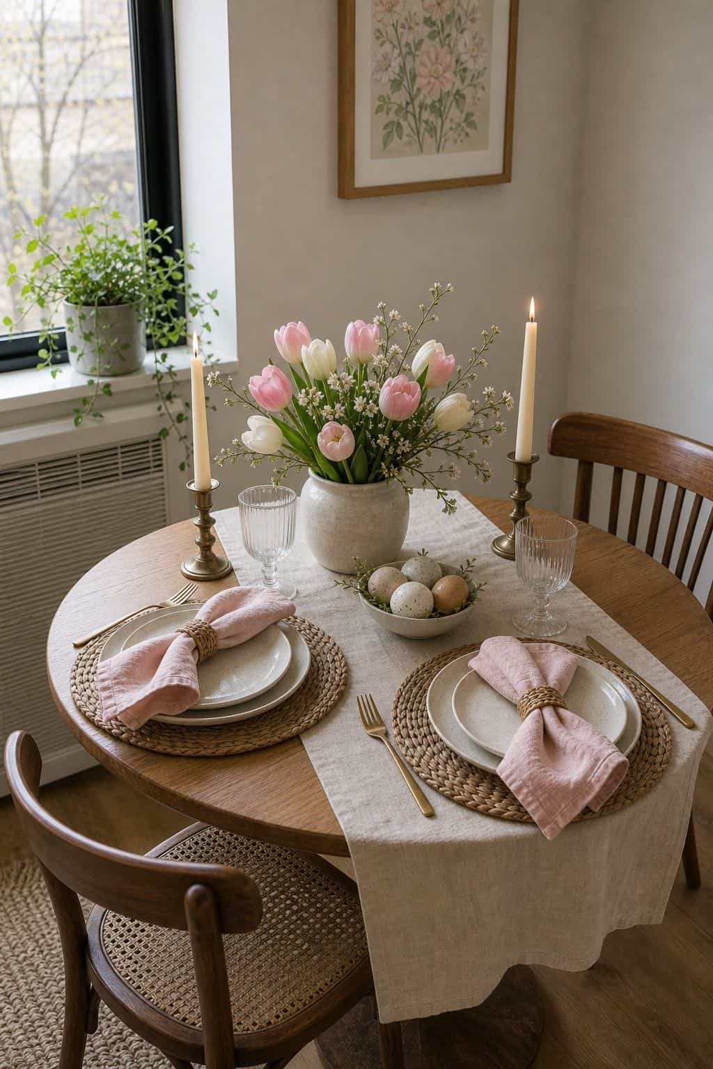 Style a Soft Easter Tablescape small apartment idea for Top 17 Easter Home Decor Ideas for Small Apartments.