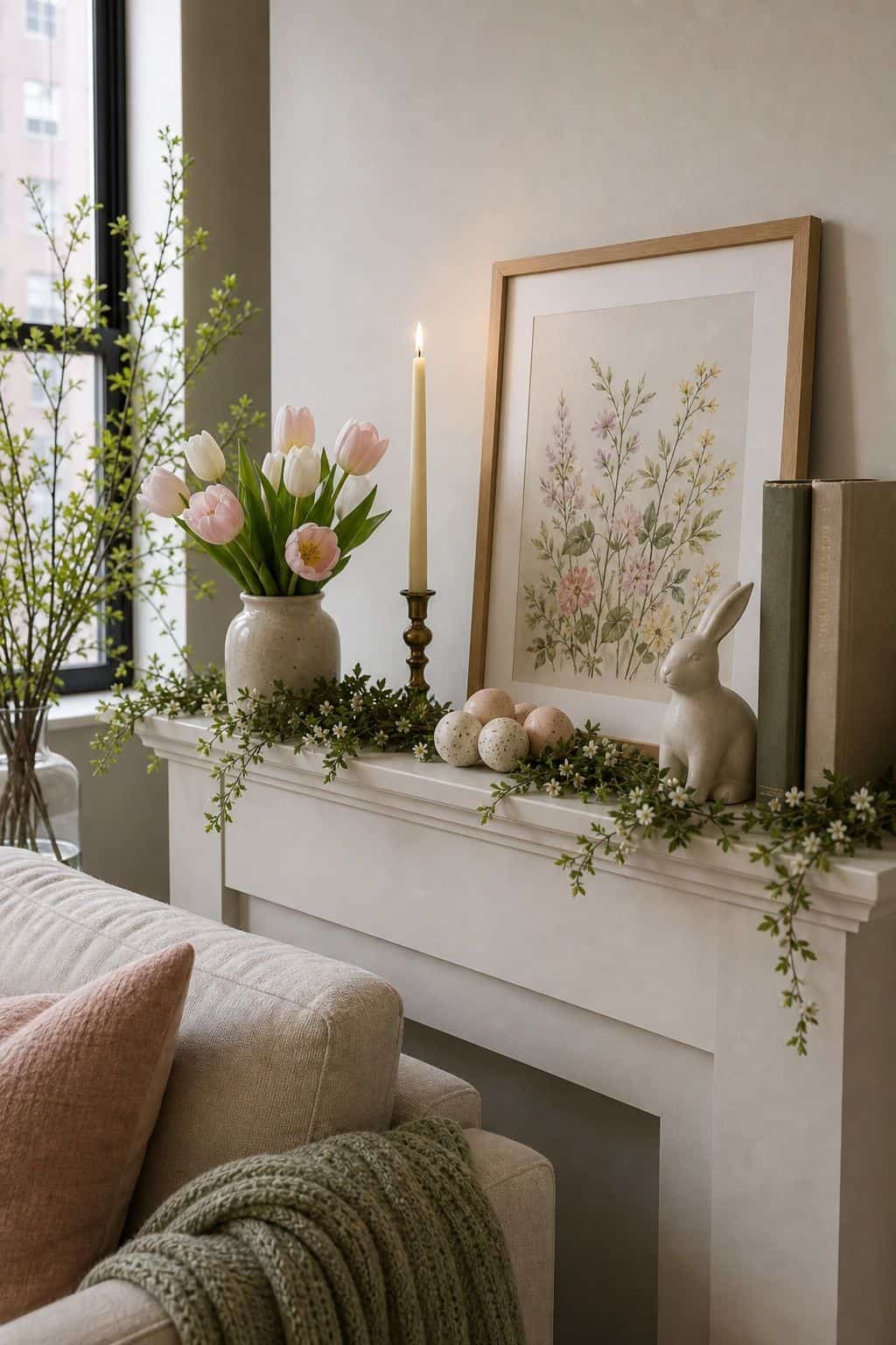 Style the Mantel With a Spring Vignette small apartment idea for Top 17 Easter Home Decor Ideas for Small Apartments.