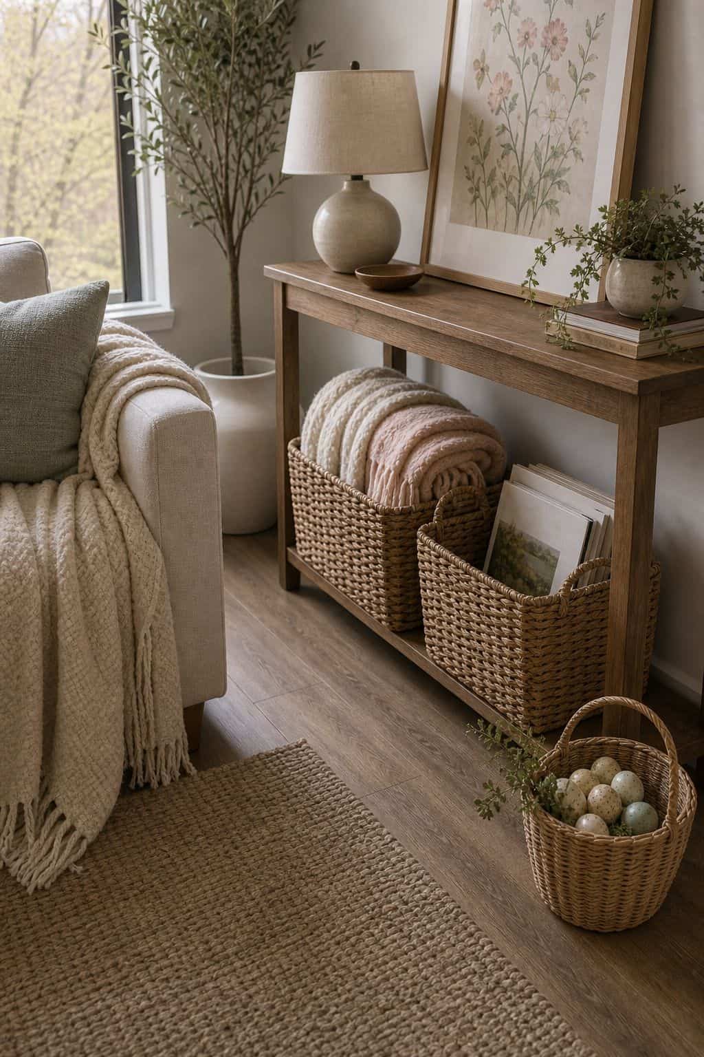 Use Woven Baskets as Decor and Storage small apartment idea for Top 17 Easter Home Decor Ideas for Small Apartments.