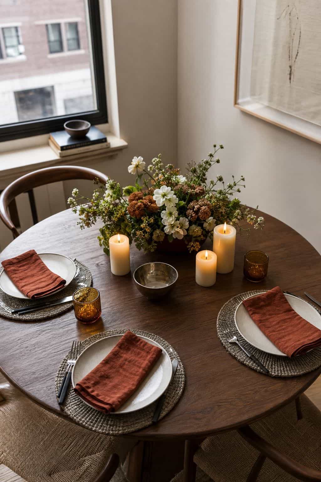 Round walnut dining table with tight central cluster of low florals, pillar candles, metallic bowl, terracotta napkins, and mustard votives.