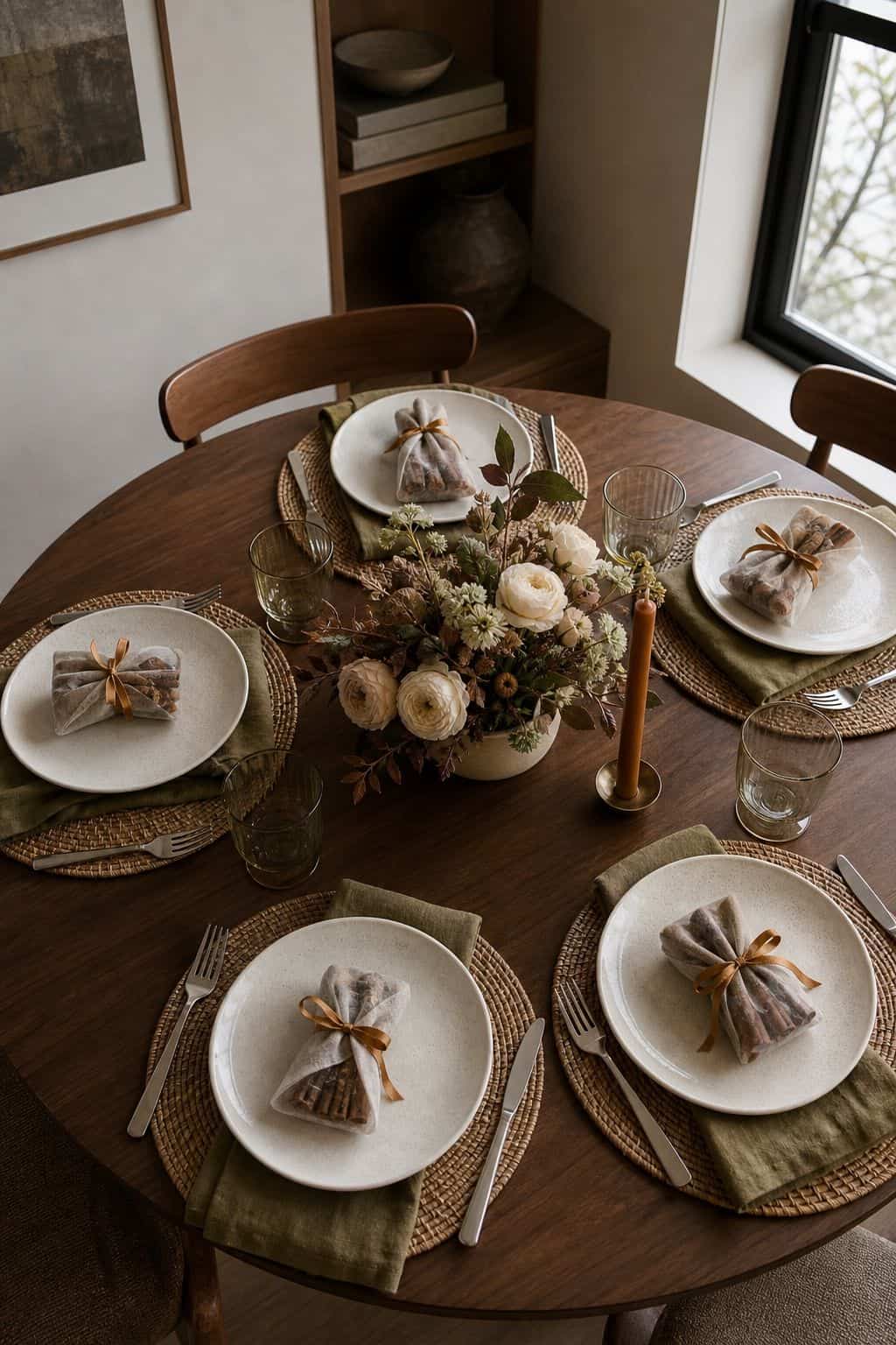 Round Thanksgiving table with tiny linen spice favors tied with ochre ribbon at each cream plate
